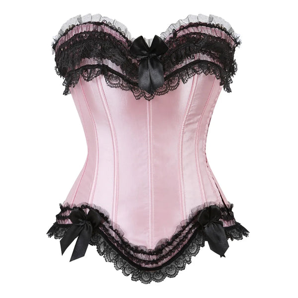 Corset satiné rose avec nœud et dentelle noire