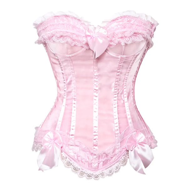 Corset sexy rose avec nœud et dentelle blanche