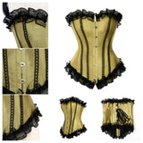 Corset doré en satin avec garniture en dentelle noir et fermeture agraffe