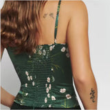 Corset vert rétro à fleurs en satin avec laçage