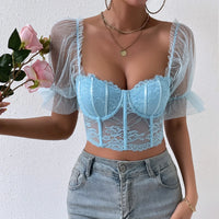 Top corset bleue Gaze Sexy avec Dentelle et Fleurs - Slim et Transparent