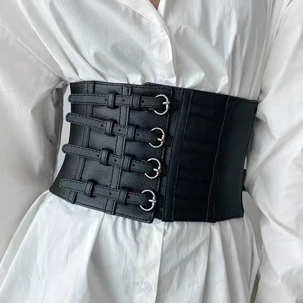 Ceinture corset en cuir noir élastique et large