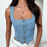 Bustier en jean ajusté sans manches avec encolure carrée et boutons