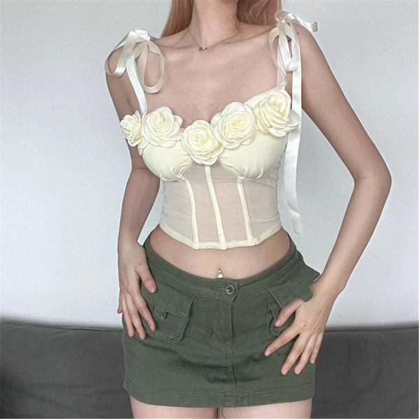 Bustier blanc sexy en maille transparente avec bretelles à nouer et fleurs en 3D