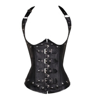 Corset noir en faux cuir avec armatures en spirale et boucles de décoration