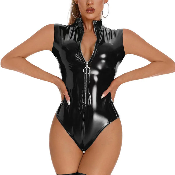 Body corset en simili cuir noir brillant avec fermeture éclair et ouverture poitrine