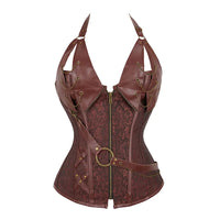 Bustier corset marron médiéval en faux cuir avec fermeture éclair