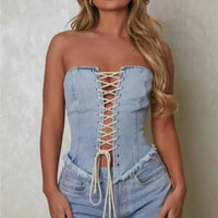 Bustier en jean style vintage lacé à épaules dénudées et dos nu