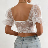 Top corset rose avec Dentelle et Fleurs Transparent