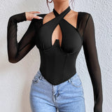 Bustier noir sexy à col croisé halter et manches longues