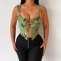 Corset vert en denim à fleurs avec laçage et bretelles fines