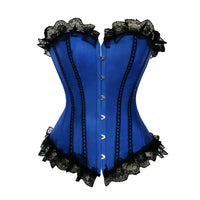 Corset bleu et noir en satin avec garniture en dentelle et fermture agraffe