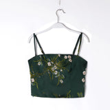 Corset vert rétro à fleurs en satin avec laçage