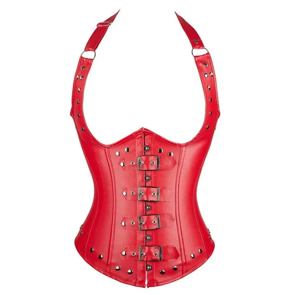 Corset en faux cuir rouge pour femmes avec bretelles et boucles en acier