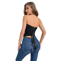 Top corset noir avec épaules dénudées à col en V