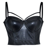 Crop top corset en simili cuir noir pour femmes à bretelles