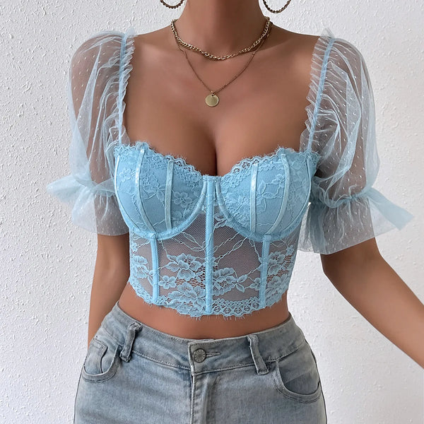 Top corset bleue Gaze Sexy avec Dentelle et Fleurs - Slim et Transparent