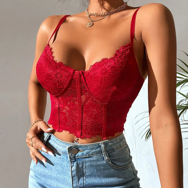 Bustier avec broderie rouge façon corset et bretelle