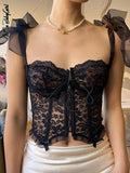 Bustier noir en dentelle florale à lacets frontaux