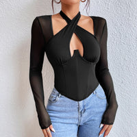 Bustier noir sexy à col croisé halter et manches longues