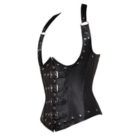 Corset noir en faux cuir avec armatures en spirale et boucles de décoration