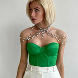 Corset vert en satin sans bretelles