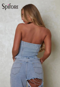 Bustier en jean style vintage lacé à épaules dénudées et dos nu