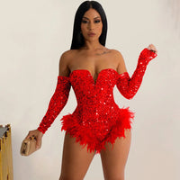 Body corset en sequins rouge avec plumes