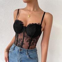 Top corset noir en dentelle transparente sexy et bretelles fines