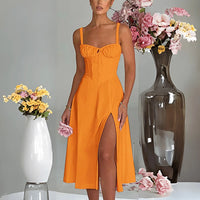 Robe corset orange à Fente et Bretelles pour Femmes