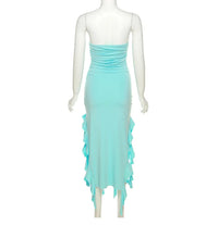Robe bustier bleue océan avec volants irréguliers