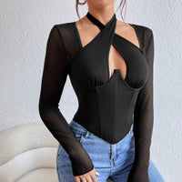 Bustier noir sexy à col croisé halter et manches longues