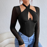 Bustier noir sexy à col croisé halter et manches longues