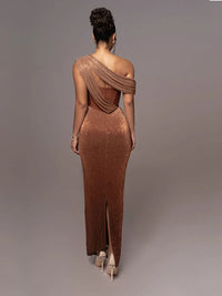 Robe corset longue marron à une épaule, drapée et scintillante