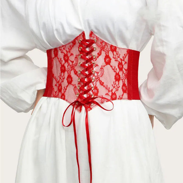 Ceinture corset rouge avec broderie florale et ruban