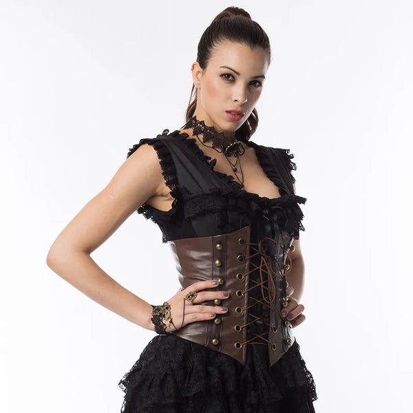 Corset marron en similicuir avec corde de serrage et armatures en acier